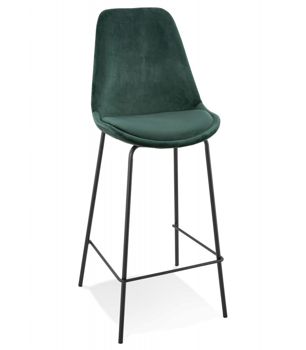 Tabouret snack mi-hauteur 'SPARK MINI' en velours vert et pieds en métal noir