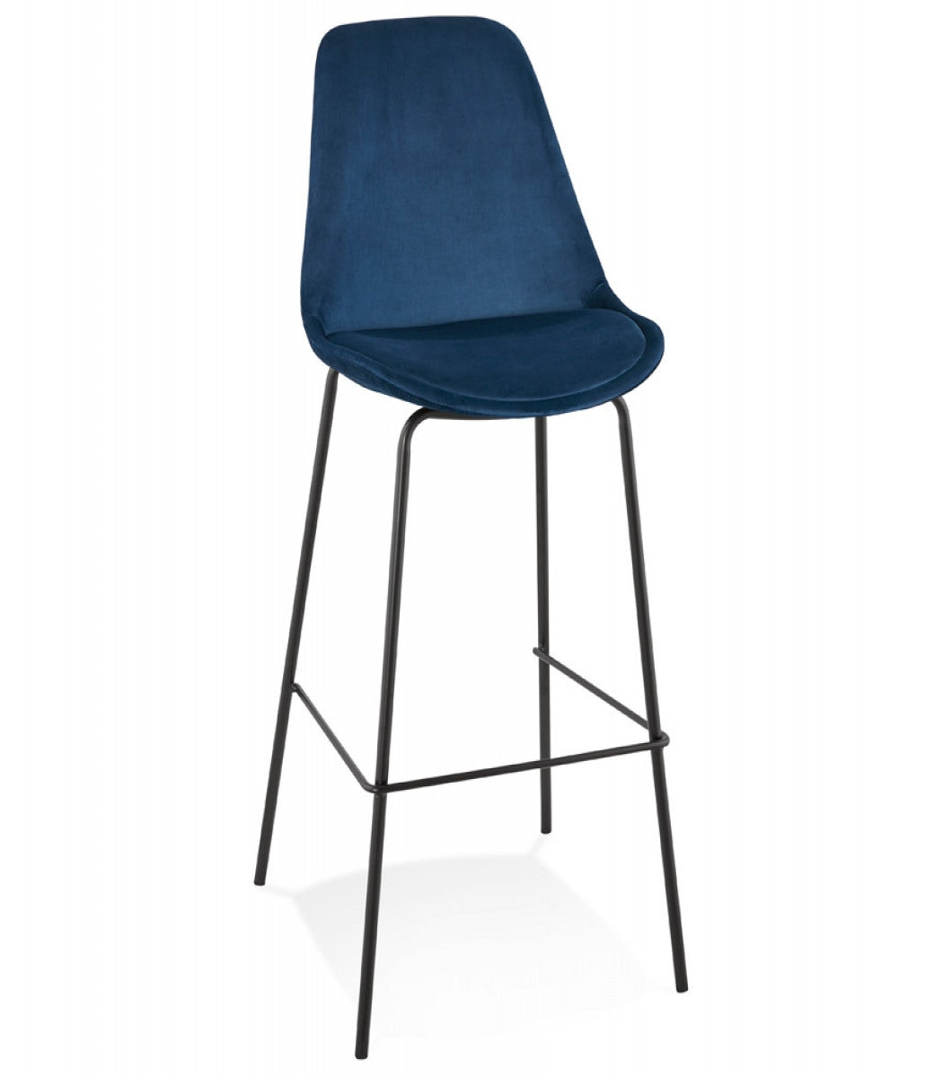 Tabouret de bar 'SPARK' en velours bleu et pieds en métal noir