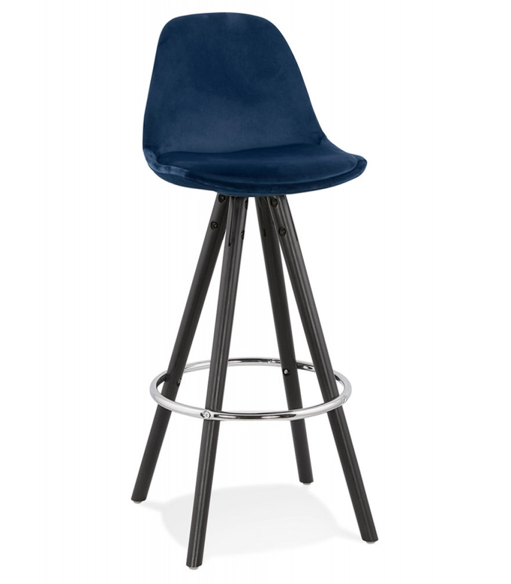 Tabouret snack mi-hauteur 'SPIRIT MINI' en velours bleu et pieds en bois noir