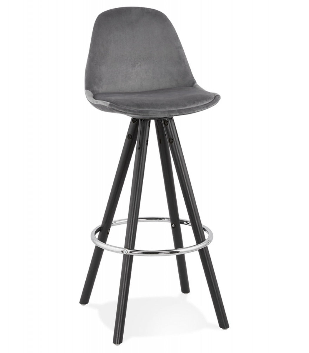 Tabouret snack mi-hauteur 'SPIRIT MINI' en velours gris et pieds en bois noir