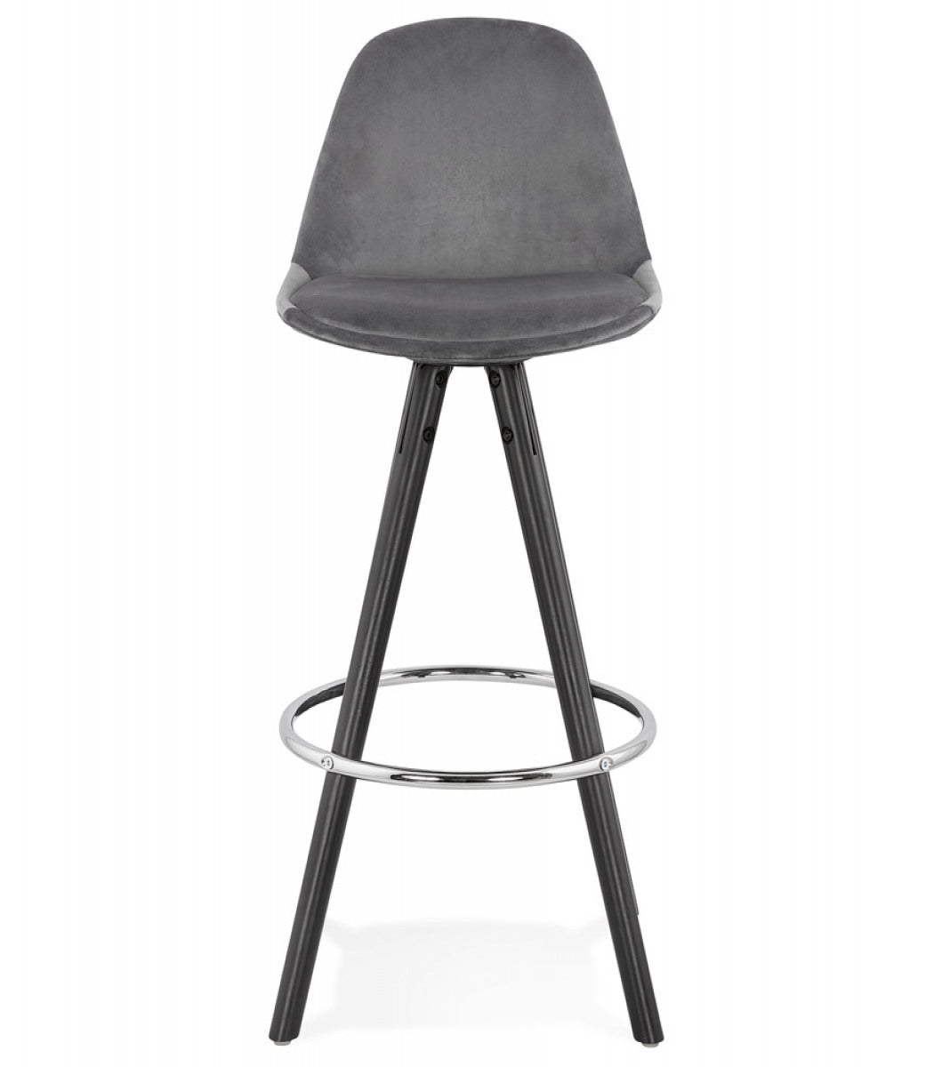 Tabouret snack mi-hauteur 'SPIRIT MINI' en velours gris et pieds en bois noir