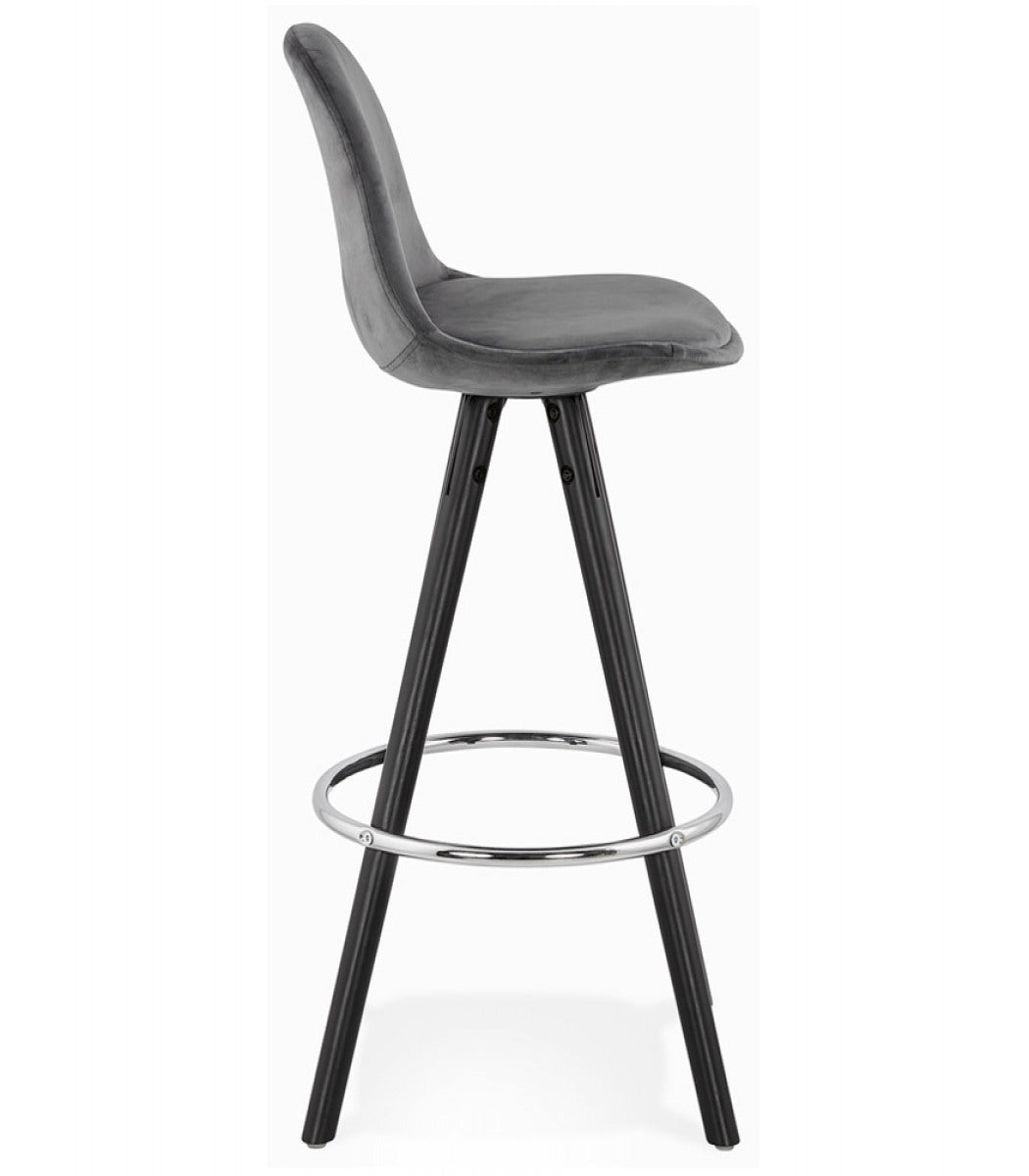 Tabouret snack mi-hauteur 'SPIRIT MINI' en velours gris et pieds en bois noir