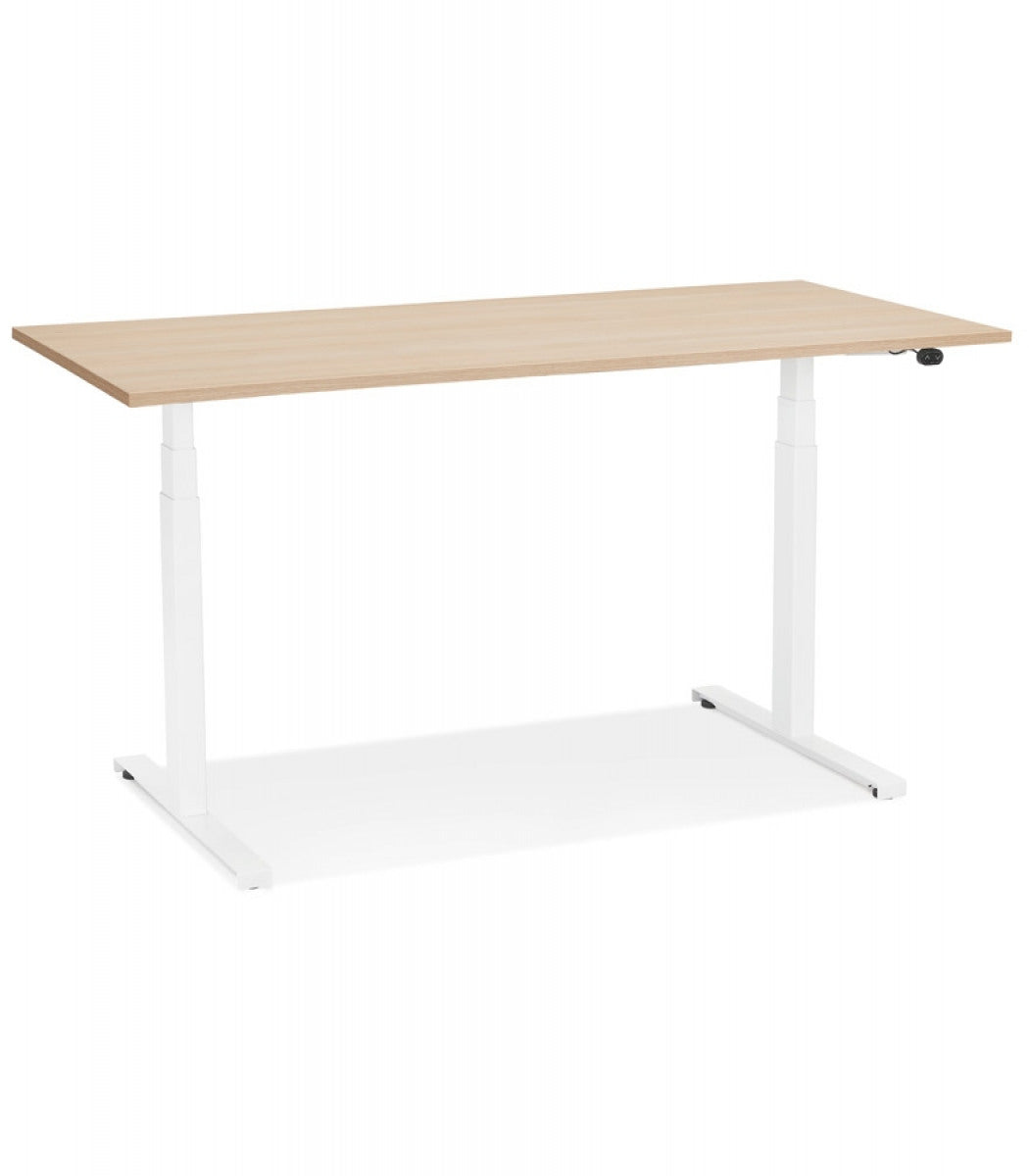 Bureau assis debout électrique 'TRONIK' blanc avec plateau en bois finition naturelle - 140x70 cm