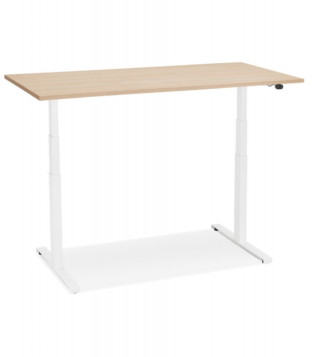 Bureau assis debout électrique 'TRONIK' blanc avec plateau en bois finition naturelle - 140x70 cm