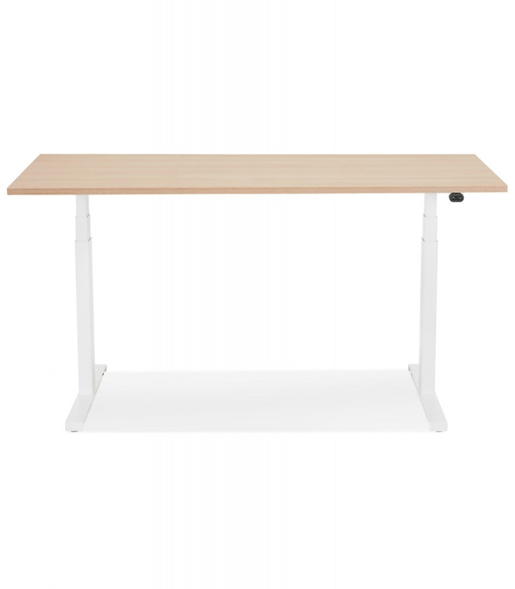 Bureau assis debout électrique 'TRONIK' blanc avec plateau en bois finition naturelle - 140x70 cm