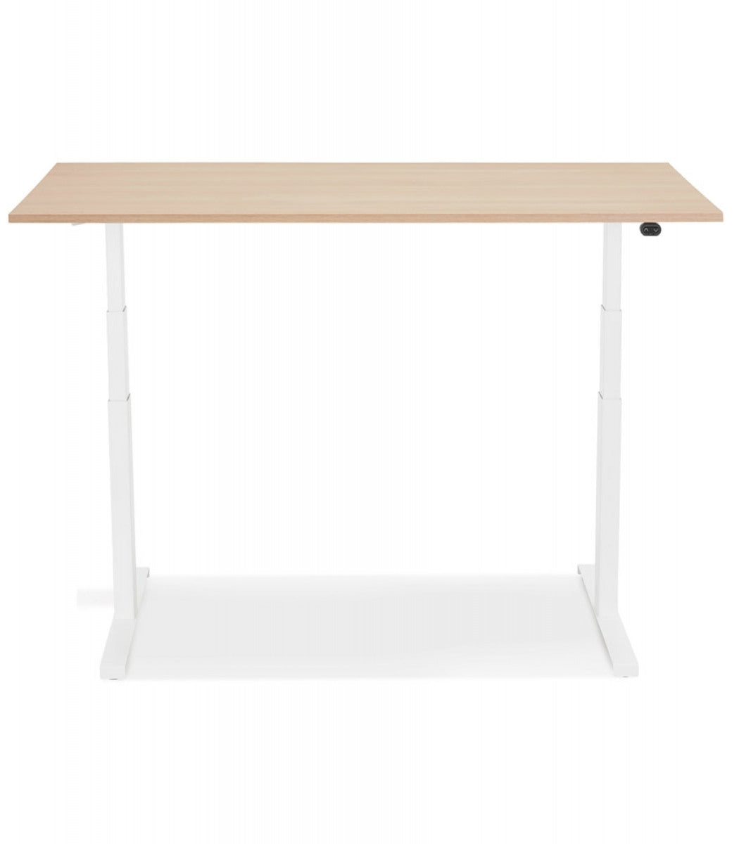 Bureau assis debout électrique 'TRONIK' blanc avec plateau en bois finition naturelle - 140x70 cm