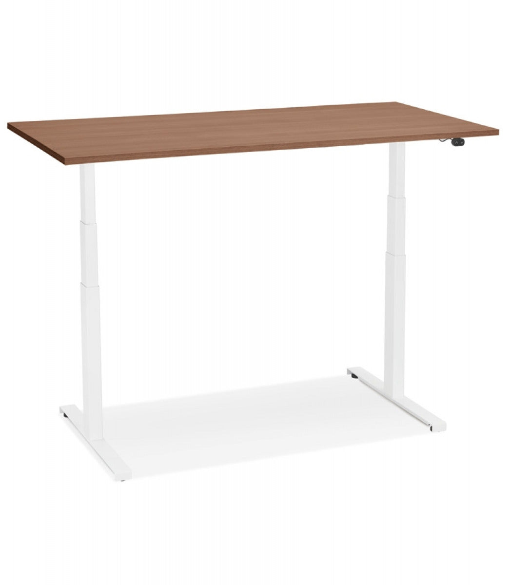 Bureau assis debout électrique 'TRONIK' blanc avec plateau en bois finition Noyer - 140x70 cm