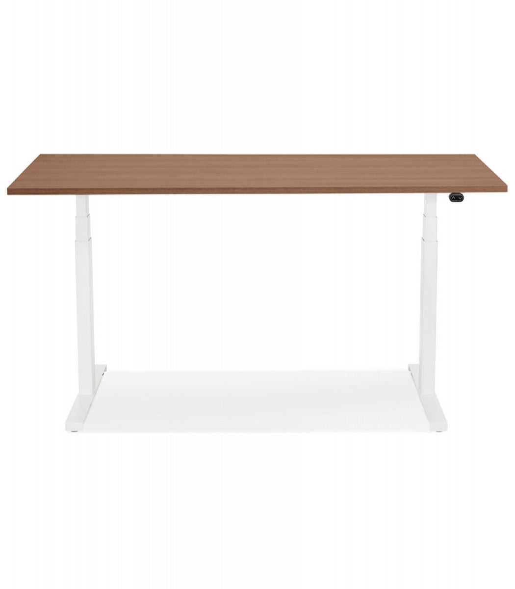 Bureau assis debout électrique 'TRONIK' blanc avec plateau en bois finition Noyer - 140x70 cm