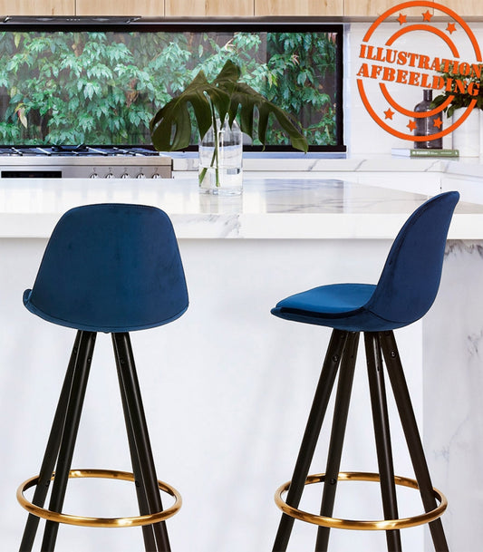 Tabouret de bar design 'CHICAGO' en velours bleu et 4 pieds en bois noir