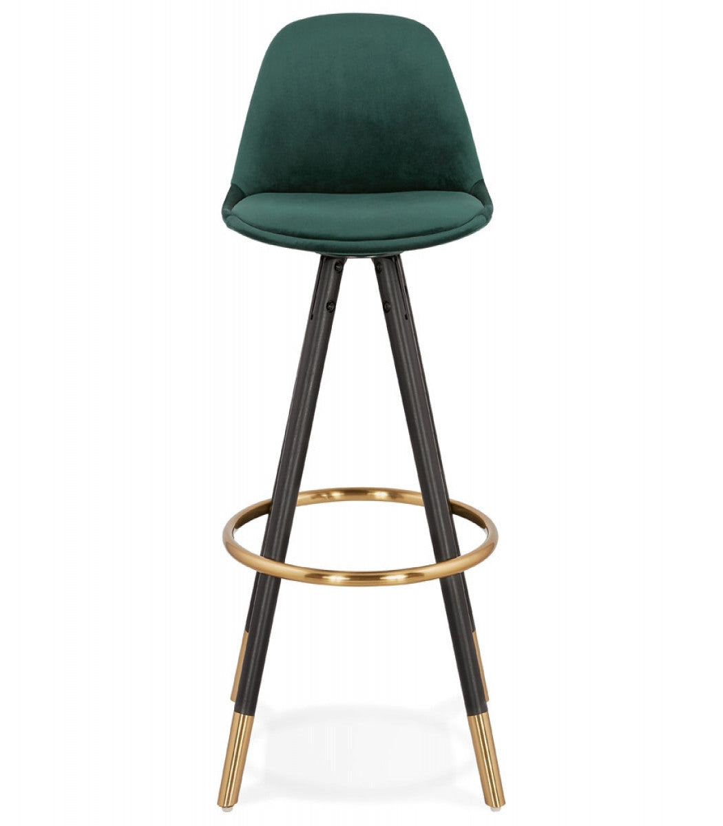 Tabouret de bar design 'CHICAGO' en velours vert et 4 pieds en bois noir