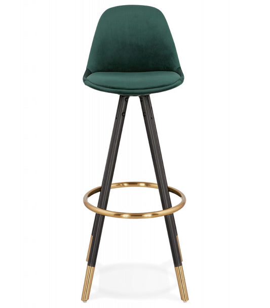 Tabouret de bar design 'CHICAGO' en velours vert et 4 pieds en bois noir