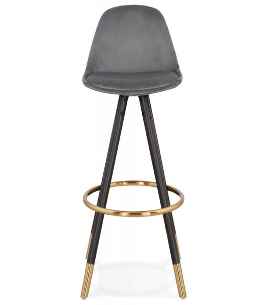 Tabouret de bar design 'CHICAGO' en velours gris et 4 pieds en bois noir