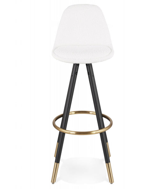 Tabouret de bar 'CLARISSE' en tissu bouloché blanc et 4 pieds en bois noir