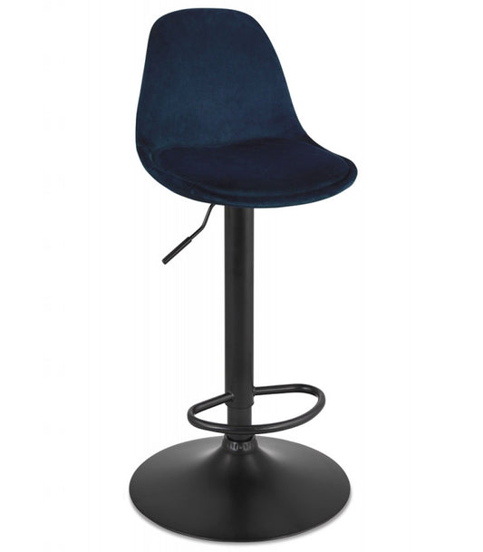 Tabouret réglable 'FINLEY' en velours bleu et pied en métal noir