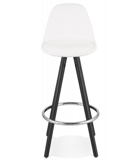 Tabouret snack mi-hauteur 'FLORENCE MINI' en tissu bouloché blanc et 4 pieds en bois noir