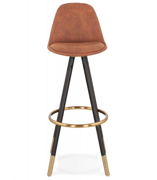 Tabouret de bar design 'KONG' en microfibre brune et 4 pieds en bois noir