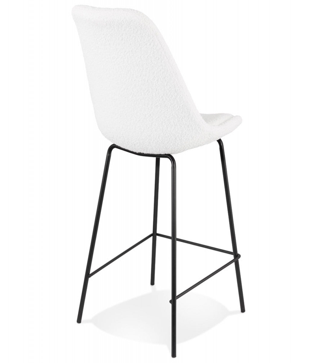 Tabouret snack mi-hauteur 'LEONIE MINI' en tissu bouloché blanc et pied en métal noir