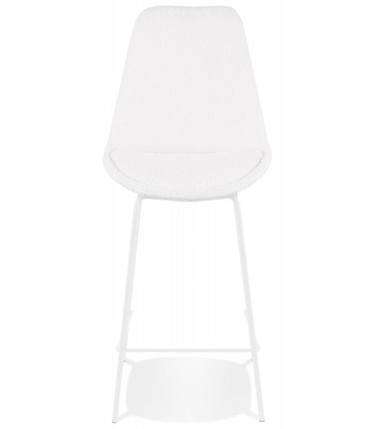 Tabouret snack mi-hauteur 'LEONIE MINI' en tissu bouloché blanc et pied en métal blanc