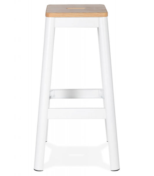 Tabouret haut style industriel 'LIDYA' avec structure en métal blanc et assise en bois