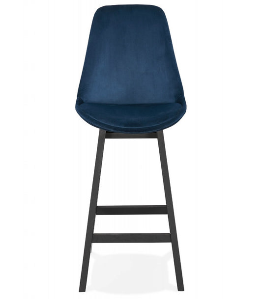 Tabouret snack mi-hauteur 'MORISS MINI' en velours bleu et pieds en bois noir