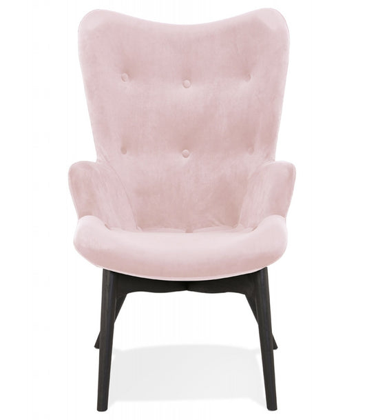 Fauteuil à oreilles 'RUBEN' en velours rose et pieds en bois noir