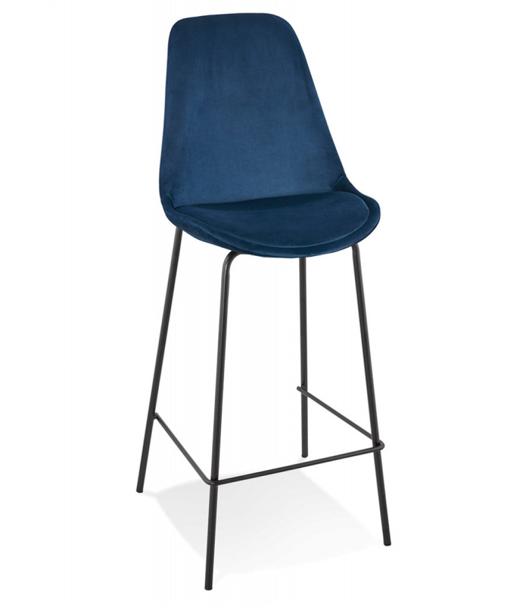 Tabouret snack mi-hauteur 'SPARK MINI' en velours bleu et pieds en métal noir