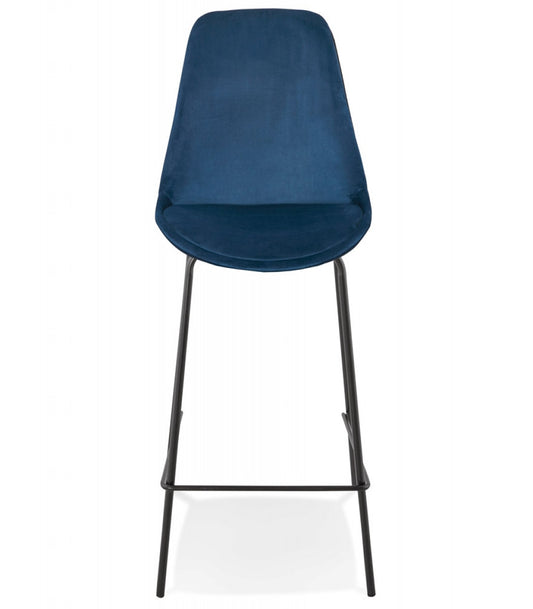 Tabouret snack mi-hauteur 'SPARK MINI' en velours bleu et pieds en métal noir
