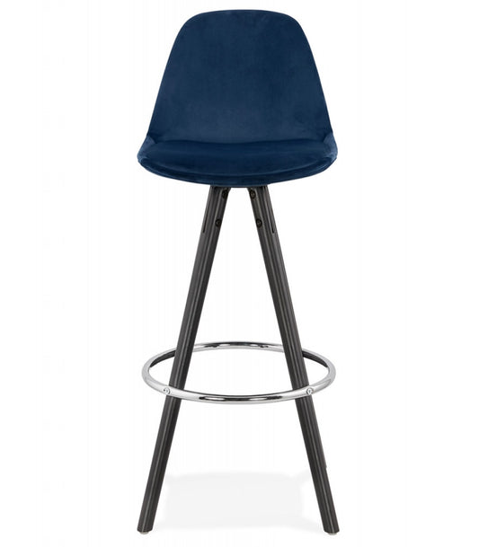 Tabouret snack mi-hauteur 'SPIRIT MINI' en velours bleu et pieds en bois noir