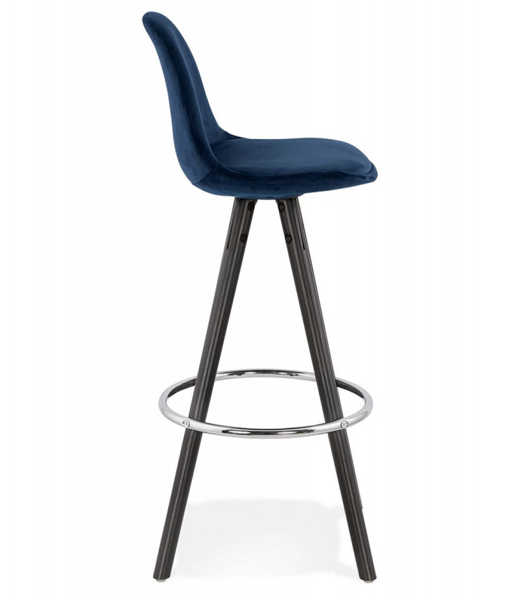 Tabouret snack mi-hauteur 'SPIRIT MINI' en velours bleu et pieds en bois noir