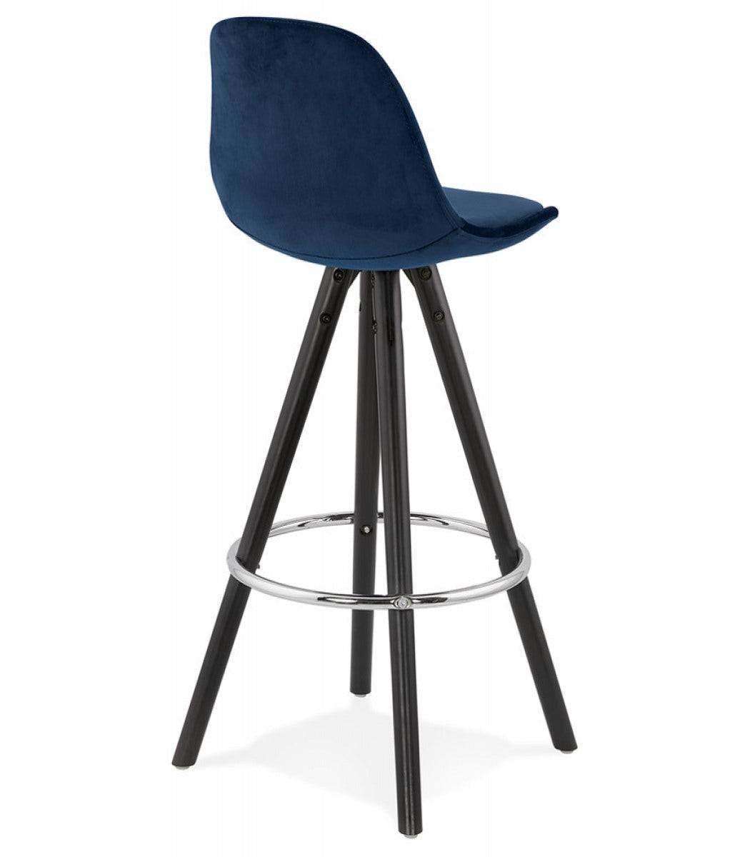 Tabouret snack mi-hauteur 'SPIRIT MINI' en velours bleu et pieds en bois noir
