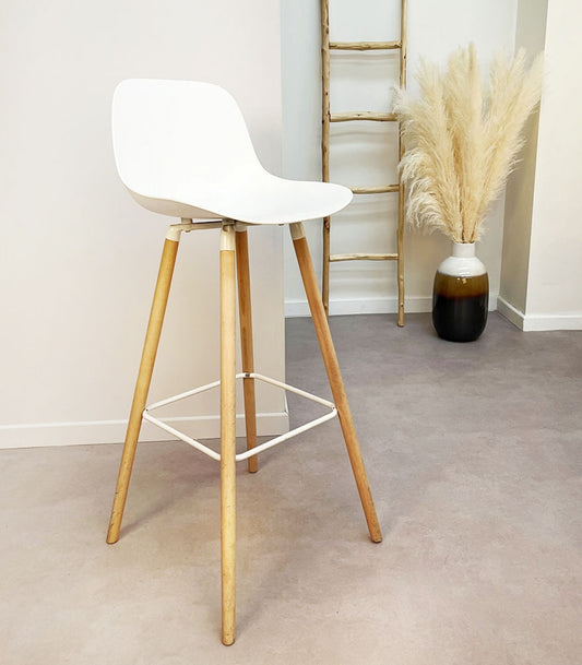 Tabouret snack mi-hauteur 'TATSU MINI' blanc avec pieds en bois naturel